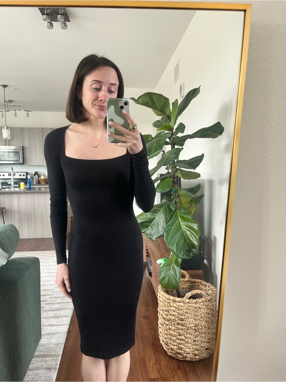 Aritzia Black Long-Sleeve Square-Neck Midi Dress